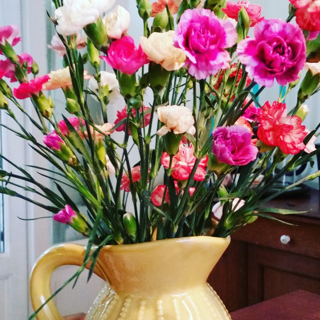 Roze en witte anjers in een gele kan