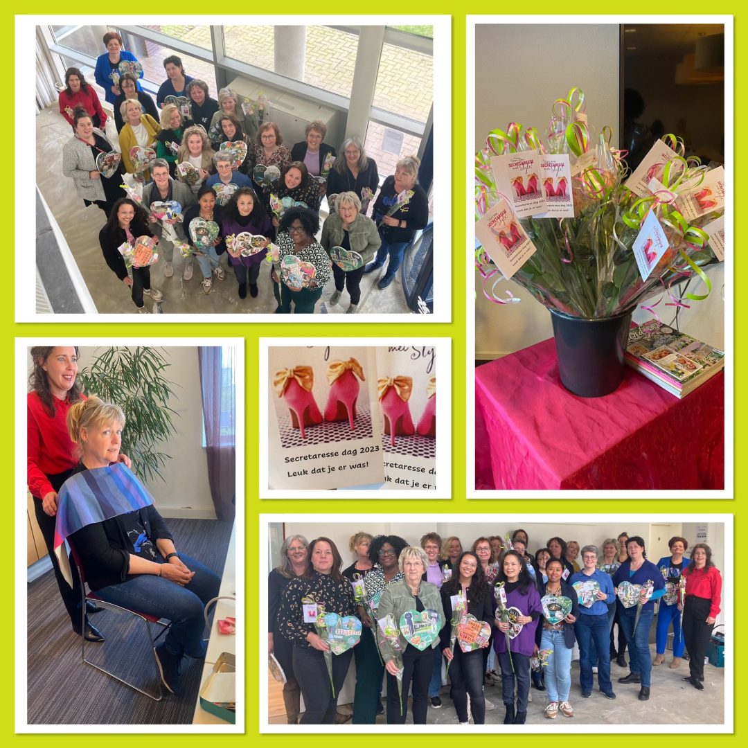 Collage van groepsfoto's en een bloemstuk van workshops